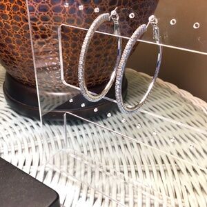 Large 2” Silver Tone Rhinestone Hoop Earrings